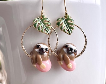 Lampwork Glass Sloth Earrings: Gold Plated Miniature Animal Jewelry