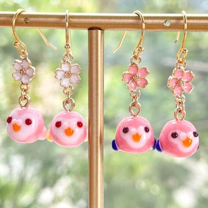 Bourke's Parakeet / Parrot Earrings, Robino, Rosey, Handmade Glass Beads, Gold Plated, Pink Parakeet, Bird, Cute, Gift for Her, Jewelry