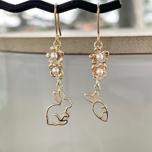 Rabbit & Carrot Earrings, Gold Plated, Cute Animal Jewelry, Gift for Her