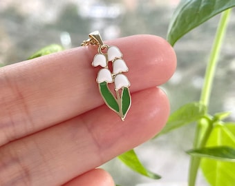 Tiny Lily of the Valley Necklace: 18x8mm, Gold Plated White Enamel Flower Jewelry
