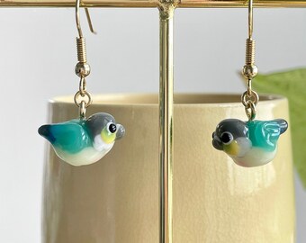 Lampwork Glass Conure Earrings: Yellow-Sided Turquoise Green Cheek Parrot Jewelry