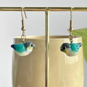 Yellow-Sided Turquoise Green Cheek Conure Earrings, Handmade Lampwork Glass Beads, Cute Parrot Miniatute Jewelry, Gift for Bird Mom