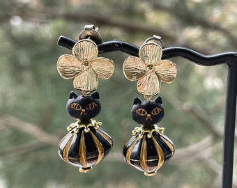 Black Cat Earrings, Gold Plated, Witch, Spooky, Halloween, Dangle Earrings, Dainty, Cute, Unique, Kawaii, Animals, Jewelry, Gifts