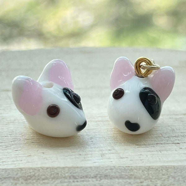 Bull Terrier Glass Beads, Tiny, Clip On / Keychain / Phone Strap Charm, Handmade Lampwork, Dog Mom Gift, Cute Animal Miniature Accessories