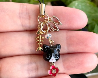 Charm de cuentas de vidrio con diseño de gato: llavero o correa para teléfono personalizada