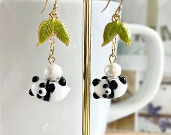 Rolling Panda Earrings with Japanese Cotton Pearls: Handmade Lampwork Glass Miniature Animal Jewelry