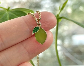 Green Lime Necklace, Gold Plated, Green, Enamel, Tiny, Dainty, Cute, Kawaii, Unique, Fruit Necklace, Food, Lime Jewelry, Summer Necklace
