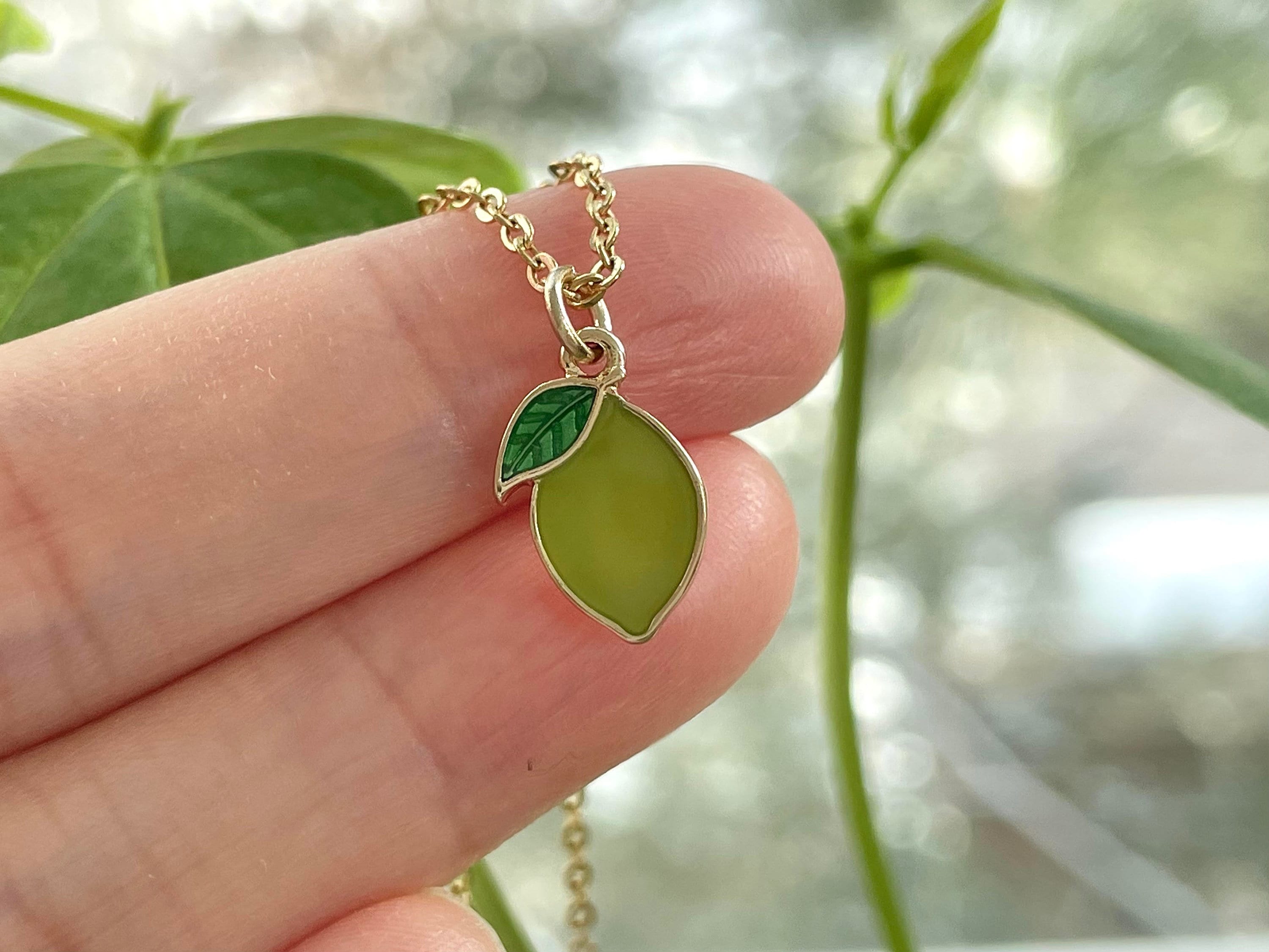 Green Lime Necklace Gold Plated Green Enamel Tiny Dainty