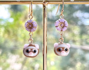 Ferret Earrings with Your Choice of Flower, Tiny, Gold / Silver Plated, Chocolate / Siamese / Champagne, Handmade Lampwork Animal Jewelry