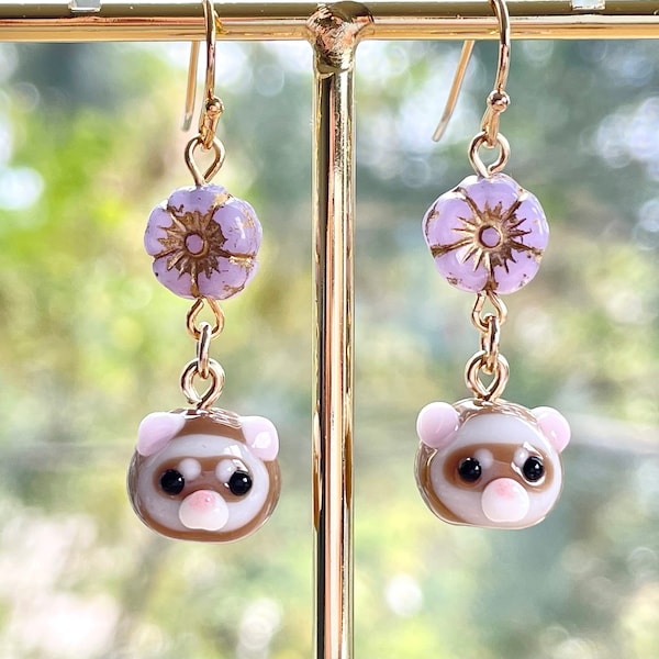 Ferret Earrings with Your Choice of Flower, Tiny, Gold / Silver Plated, Chocolate / Siamese / Champagne, Handmade Lampwork Animal Jewelry