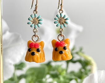 Yorkshire Terrier Earrings: Gold Plated Flower, Handmade Glass Dog Jewelry