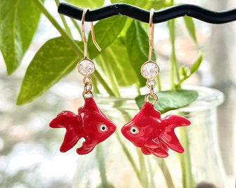 Goldfish Earrings: Gold Plated Brass, Red Enamel, CZ Accent