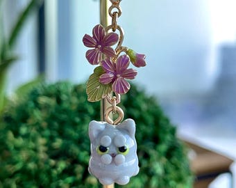 Charm de gato azul grisáceo de cristal de Murano: Tirador de cremallera, llavero, monedero, accesorio para correa de teléfono