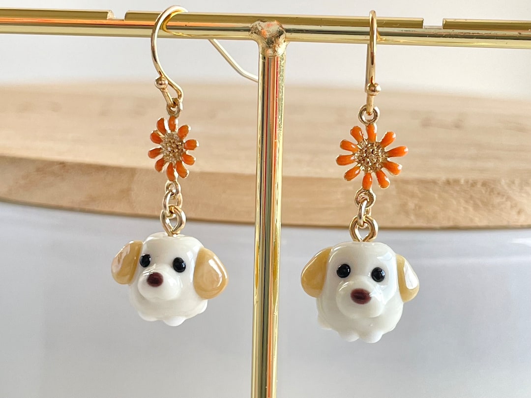 Labrador Retriever Earrings: Gold Plated Flower, Handmade Glass Dog ...