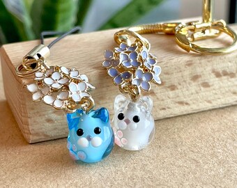 Lampwork Glass Cat Charm for Keychain, Phone Strap, Purse, Bag, Animal Accessory