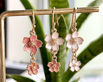 Gold Plated Cherry Blossom Earrings: Pink & White Sakura Flower Jewelry