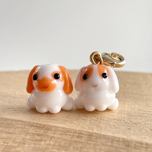 Perles de verre Lop Rabbit, 1 pièce, disquette oreille de lapin, marron sur blanc, breloque à clip, porte-clés, fait main, breloque fermeture éclair, animal, animal de compagnie, cadeau pour enfant