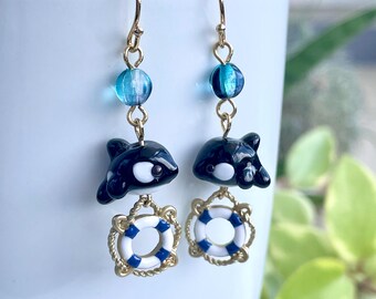 Lampowork Glass Orca Earrings, Killer Whale Sea Creature Jewelry