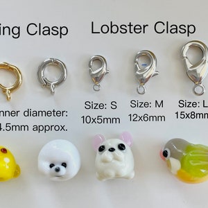 May include: A close-up of two types of clasps for jewelry making. The first is a ring clasp with an inner diameter of 4.5mm. The second is a lobster clasp with three sizes: small (10x5mm), medium (12x6mm), and large (15x8mm).