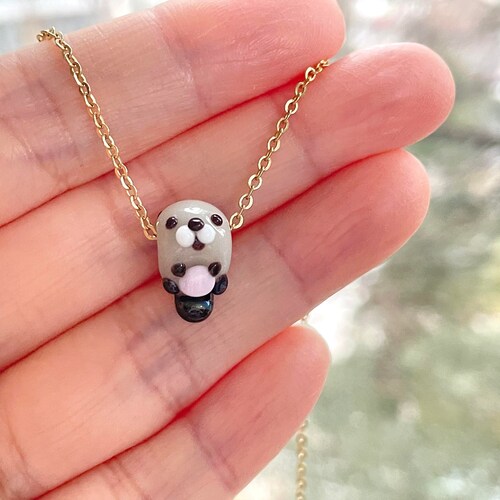 Tiny Sea Otter Necklace: Handmade Lampwork Glass Miniature Animal Jewelry