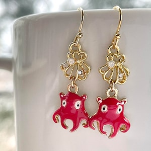 Octopus Earrings with Shell Silhouette, Mendako, Gold Plated, Sea Creature Jewelry