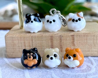 Handmade Lampwork Glass Pomeranian Dog Bead (10x11mm), Animal Charm, Keychain Phone Accessory, Jewelry Making