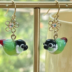 Adorable Green Cheek Conure Earrings, Handmade Lampwork Glass Beads, Unique Parakeet Miniature Jewelry, Bird Mom Gift