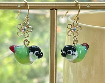 Green Cheek Conure Earrings: 10x12mm, Handmade Lampwork Glass Miniature Bird Parrot Jewelry