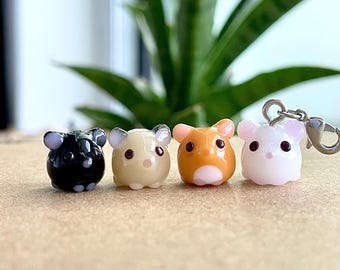 Tiny Hamster Glass Beads, Black / Blonde / Brown / White, Clip On / Keychain / Phone Strap Charm, Cute Animal Miniature Accessories