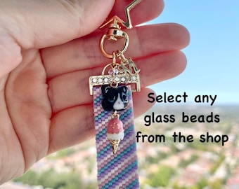 Handmade Lampwork Glass Animal Bead Keychain with Initial & Beaded Strap