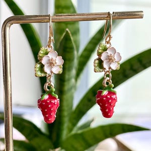 Gold Plated Enamel Strawberry Flower Dangle Earrings