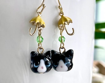 Tuxedo Cat Earrings with Umbrella: Handmade Lampwork Glass Cat Jewelry, Gold Plated
