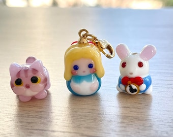 Handmade Lampwork Alice, Cheshire Cat, White Rabbit Bead, Cute Glass Zipper Pull, Keychain, Phone, Bag Charm, Alice in Wonderland Accessory
