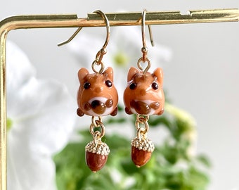 Squirrel Earrings: Handmade Glass Bead Animal Jewelry, Gold Plated