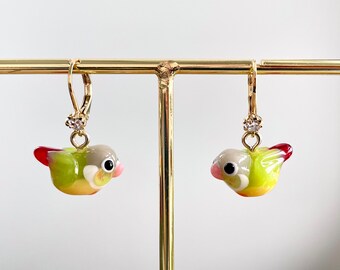 Lampwork Pineapple Green Cheek Conure Earrings: Miniature Parrot Jewelry