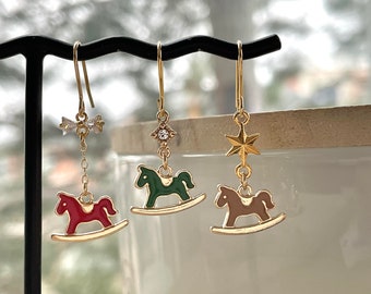Enamel Rocking Horse Earrings, Tiny Cute Animal Jewelry, Gifts for Teens