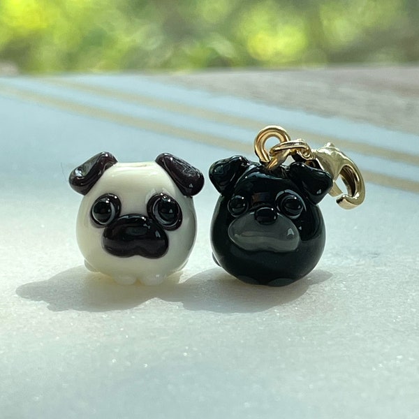 Pug Glass Beads, Fawn / Black, Tiny, Clip On / Keychain / Phone Strap Charm, Handmade Lampwork, Animal Miniature Accessories, Dog Mom Gift