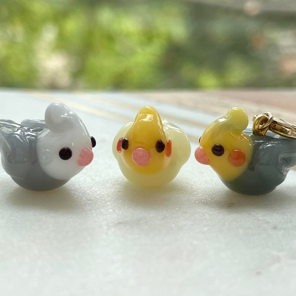 Cockatiel Glass Beads, Tiny, Normal Grey / Lutino / White-Face Grey, Clip On / Phone Strap / Keychain Charm, Handmade, Miniature, Accessorie