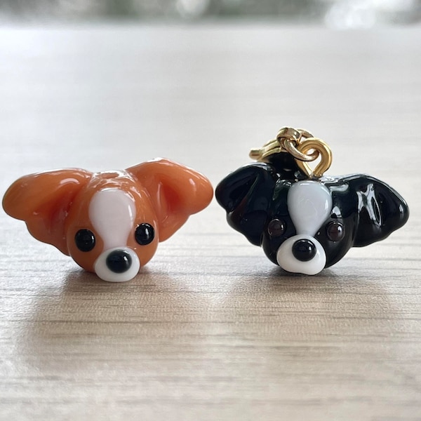 Papillon Dog Glass Beads, Tiny, Clip On / Keychain / Phone Strap Charm, Handmade Lampwork, Cute Animal Miniature Accessories, Dog Mom Gift