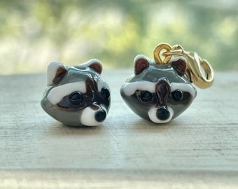 Handmade Lampwork Glass Raccoon Bead: Clip On Charm, Zipper Pull, Keychain, Phone, Bag Accessory