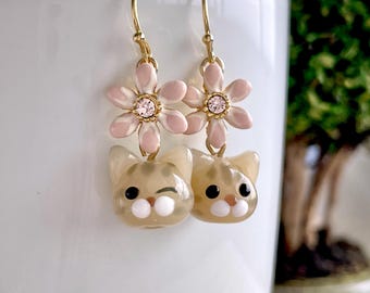 Brown Mackerel Tabby Cat Earrings with Pink Flower: Handmade Lampwork Glass Animal Jewelry, Gold Plated