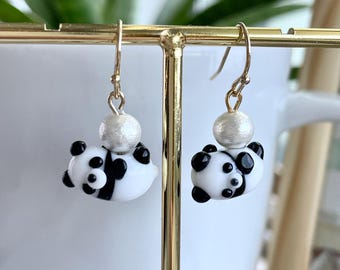 Rolling Panda Earrings with Japanese Cotton Pearls: Handmade Lampwork Glass Miniature Animal Jewelry