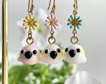 Tiny Cockatoo Earrings (10x12mm): Handmade Lampwork Glass Parrot Bird Jewelry