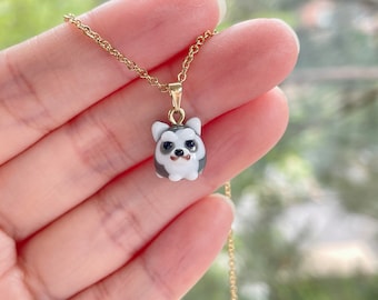Tiny Husky Necklace: Handmade Lampwork Glass Miniature Dog Animal Jewelry