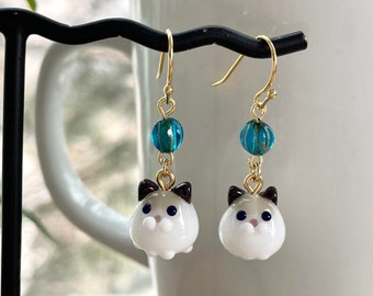 Ragdoll Earrings, Cat Earrings, Handmade Glass Beads, Gold / Silver Plated, Cute, Kawaii, Dainty, Miniature, Tiny, Cat Jewelry, Gifts