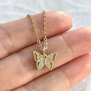 Tiny CZ Butterfly Necklace, Gold Plated, Cubic Zirconia Jewelry, Gift For Her