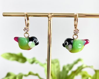 Green Cheek Conure Earrings: Gold Plated Parakeet Jewelry
