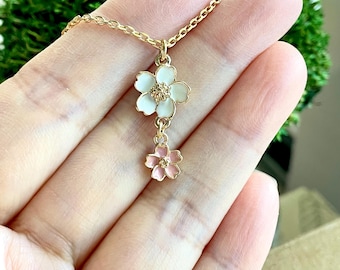 Cherry Blossom Necklace: Gold Plated Enamel Sakura Flower Jewelry