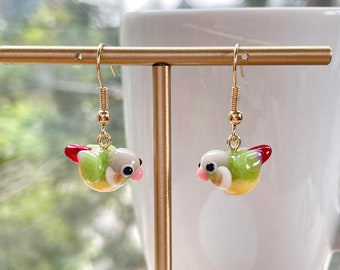 Lampwork Glass Green Cheek Conure Earrings: Parakeet Parrot Jewelry