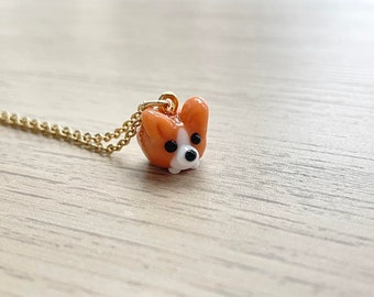 Corgi Necklace, Pembroke Welsh Corgi, Brown, Dog, Handmade Glass Beads, Gold / Silver Plated, Cute, Kawaii, Dog Mom Gift, Pet Jewelry